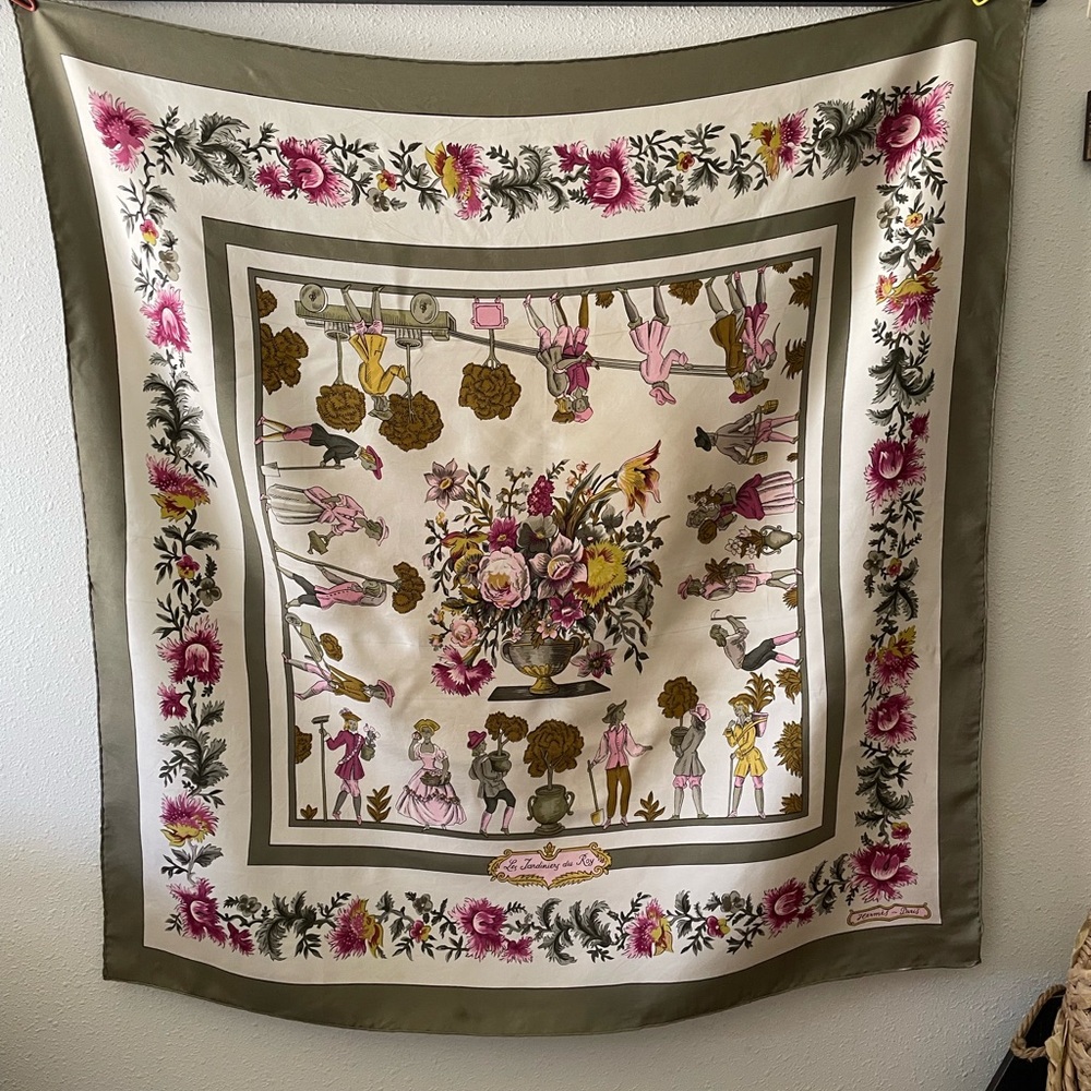 Hermes Floral Silk Scarf with Pink and Green Accents